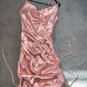 Satin cowl neck ruched dress